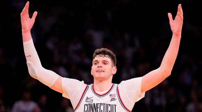 UConn Huskies center Donovan Clingan (32) celebrates as the clock winds down against Marquette Golden Eagles in the second half at Madison Square Garden in New York City on March 16, 2024.